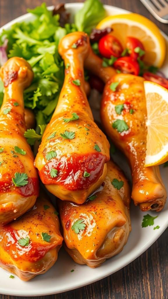 Spicy yogurt marinated chicken drumsticks on a plate, garnished with cilantro and lemon.